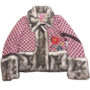 Oilily Plaid & Embroidery Faux Fur Trim Fairy Garden Whimsy Dopamine Jacket 36